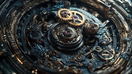 Fototapeta premium Intricate Close-Up of a Complex Mechanical Watch Movement Gold and Dark Grey Gears, Steampunk Aesthetic