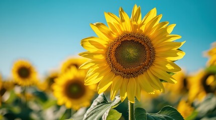 Obraz premium Vibrant Sunflower in a Field of Blooms Under a Clear Blue Sky - Summer Nature Photography