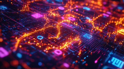 Fototapeta premium Abstract Digital Circuit Board Glowing Neon Lines and Nodes, Futuristic Technology Background