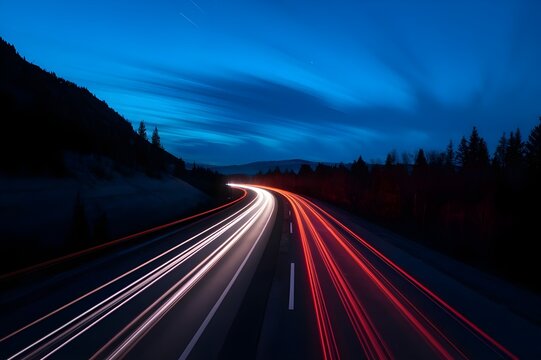 highway at night with long exposure light trails of red and white from vehicles, surrounded by a forested landscape under a deep blue sky with streaking clouds.
