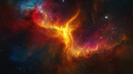 Fiery Phoenix Rising from Cosmic Nebula Mystical Space Fantasy Art