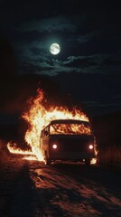 Dramatic nighttime scene of a burning van