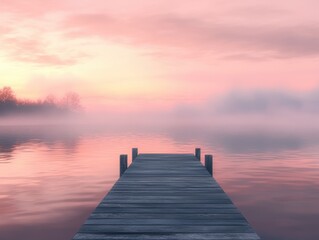 Fototapeta premium Serene Pink Sunrise over Misty Lake with Wooden Dock - Tranquil Nature Photography