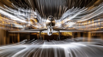 Wind tunnel testing model in action, showcasing aerodynamic principles and engineering innovation.