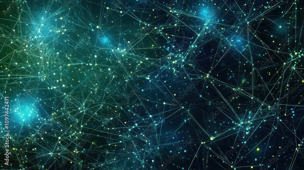 Poster abstract network connection glowing teal and green lines with nodes, digital technology background