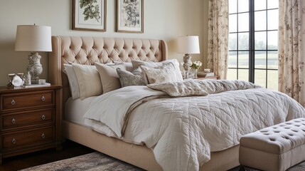 Fototapeta premium Elegant Beige Bedroom With Upholstered Bed and Matching Bench