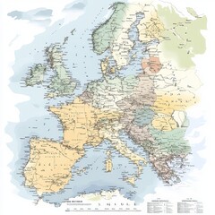 Detailed vintage-style map of Europe showing countries and regions.