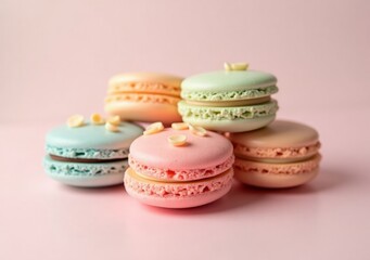 Fototapeta premium Colorful macarons stacked together on a soft pink background