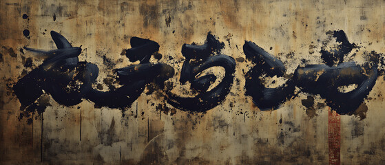 Naklejka premium Abstract Black Ink Calligraphy Painting on Gold