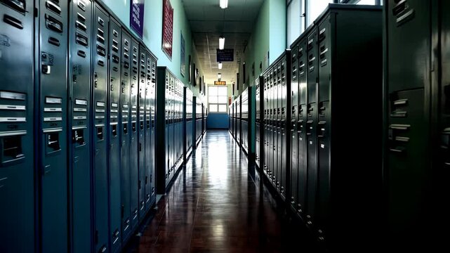 Narrow hallway featuring blue school lockers alongside polished wooden floor, creating a spacious atmosphere in an educational institution, ideal for showcasing student life and learning environments.