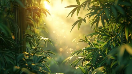 Sunlit bamboo forest with dew drops.