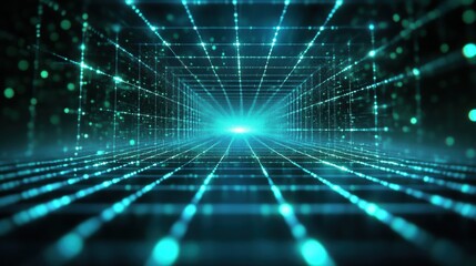 Futuristic Teal Data Stream Abstract 3D Render of a Glowing Grid Tunnel Representing Digital Network, Technology, and Connectivity.
