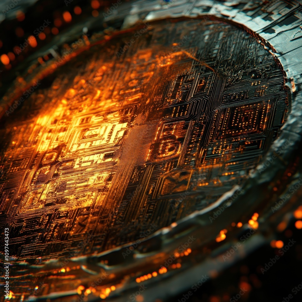 Poster glowing circuit board abstract close-up macro of intricate electronic components with orange and bla
