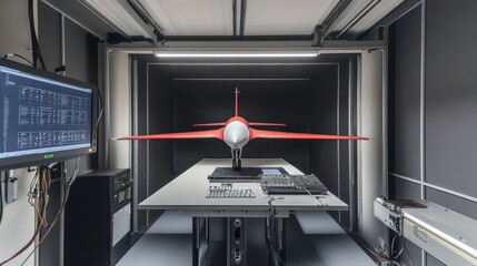 Wind tunnel testing model in action, showcasing aerodynamic principles and engineering innovation.