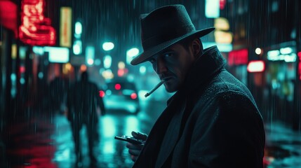 Mysterious Man in Fedora Smoking Cigarette in Rainy Neon City at Night - Cyberpunk Style Stock Photo