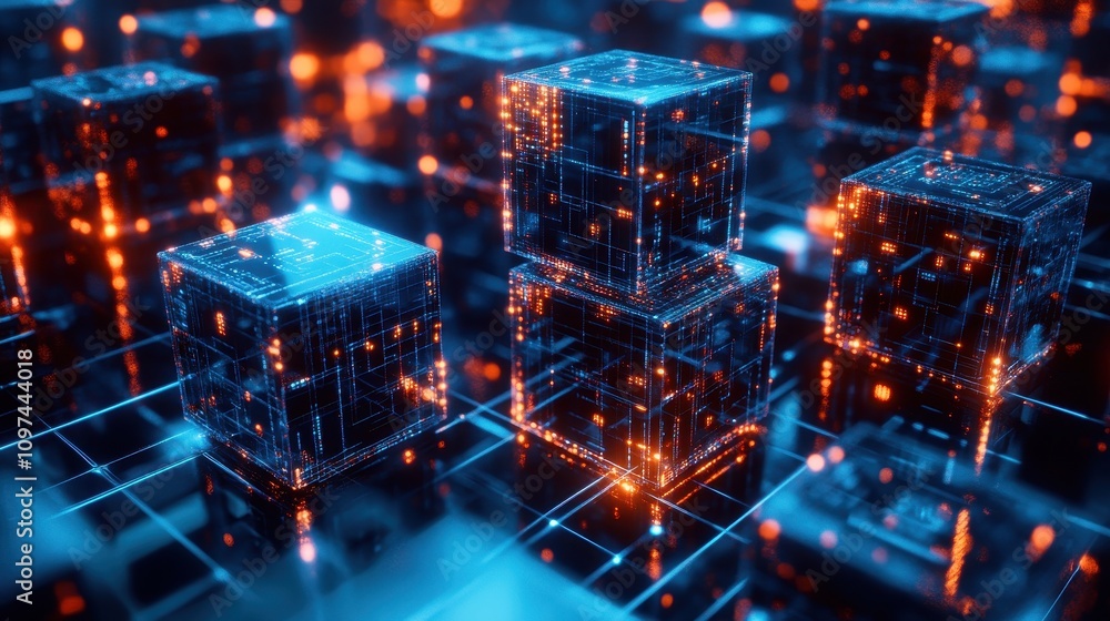 Poster futuristic data cubes abstract 3d render of glowing networked blocks in blue and orange, representin