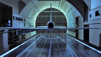 Wind tunnel testing model in action, showcasing aerodynamic principles and engineering innovation.