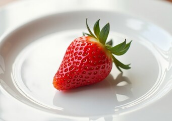 Fresh strawberry resting on a white plate in natural light