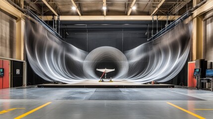 Wind tunnel testing model in action, showcasing aerodynamic principles and engineering innovation.