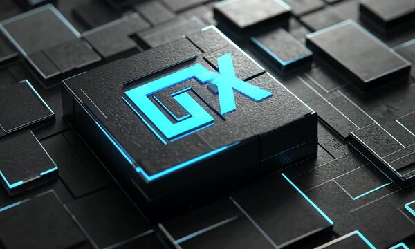 Abstract blue glowing 'G' on dark cube grid.