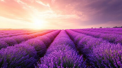 Fototapeta premium Stunning Lavender Field at Sunrise Rows of Purple Flowers in Vibrant Sunset Light, Provence, France