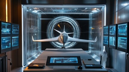 Wind tunnel testing model in action, showcasing aerodynamic principles and engineering innovation.