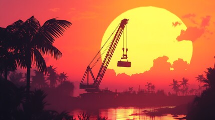 Modern Construction Scene with Crane Silhouette


