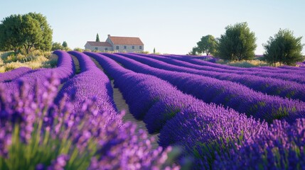Serene Lavender Fields of Provence Picturesque Farmhouse and Blooming Purple Flowers at Sunset
