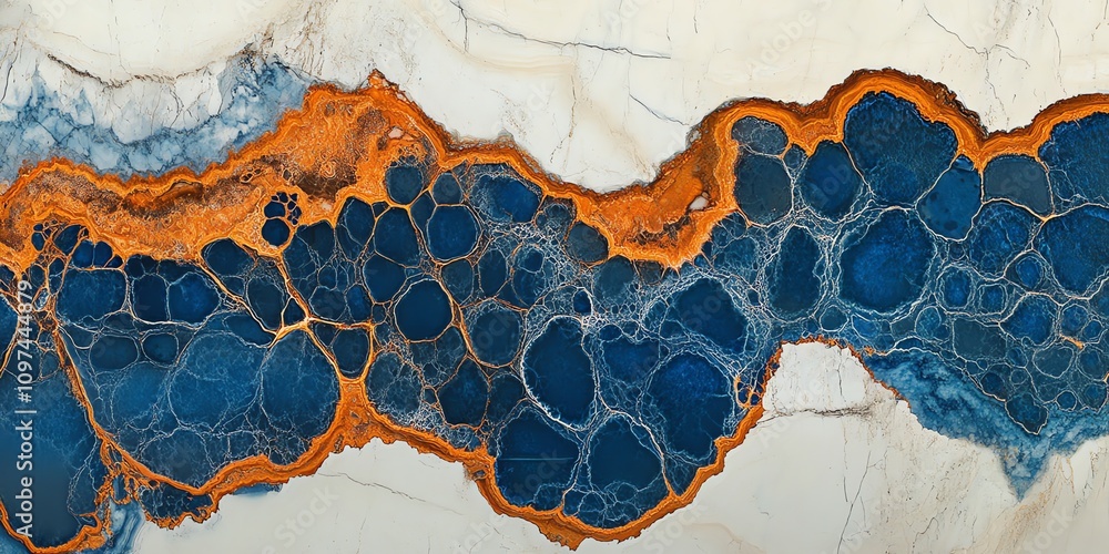 Poster a vibrant agate stone with intricate patterns of blue and orange hues.
