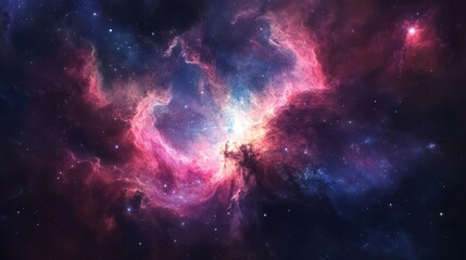 Fototapeta premium Stunning Nebula in Deep Space Vibrant Pink, Purple, and Blue Cosmic Cloudscape with Sparkling Stars - High-Resolution Astronomy Image