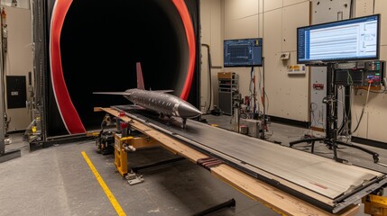 Wind tunnel testing model in action, showcasing aerodynamic principles and engineering innovation.