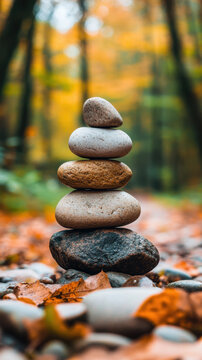 Emotional Balance. A serene stack of stones balanced on a riverbed, surrounded by autumn foliage, symbolizing tranquility and nature's beauty.
