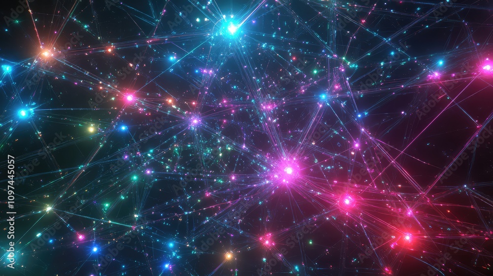 Poster Stylized, abstract data network of lines and nodes, with bright neon points illuminating key data intersections