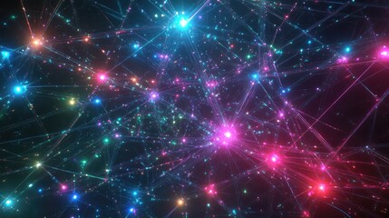 Obraz premium Stylized, abstract data network of lines and nodes, with bright neon points illuminating key data intersections
