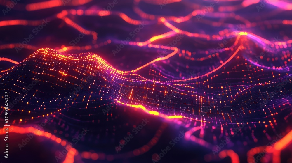 Poster Stylized, abstract data network of lines and nodes, with bright neon points illuminating key data intersections