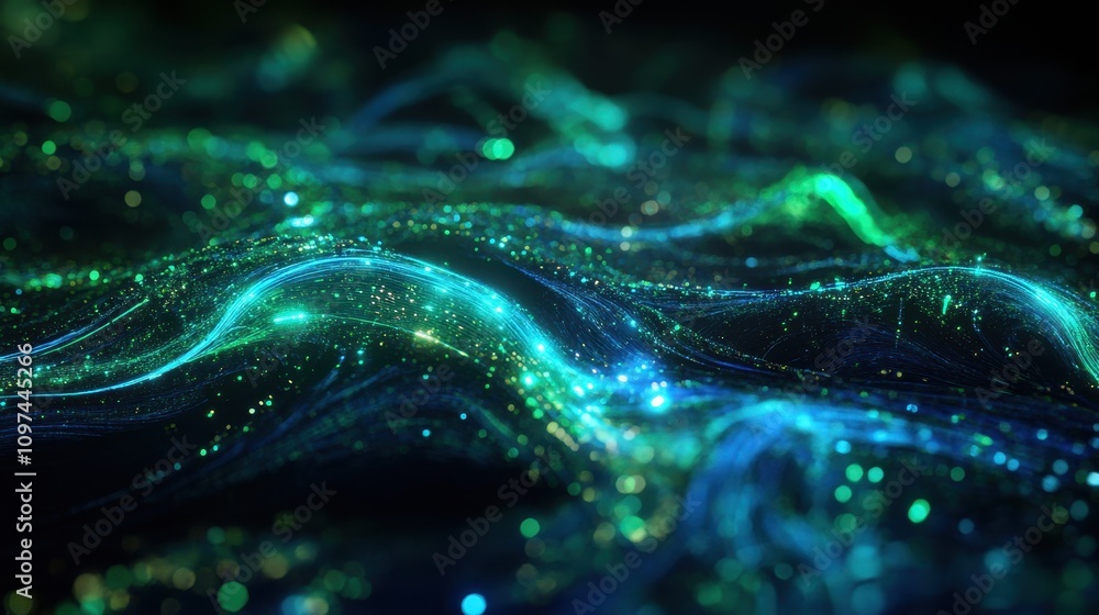 Poster abstract teal and green glowing particle waves digital background texture for technology, science, a