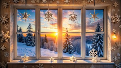 Cozy window decorated with snowflakes overlooking a serene winter landscape at sunset, Snow, Winter, Wonderland, Window, View
