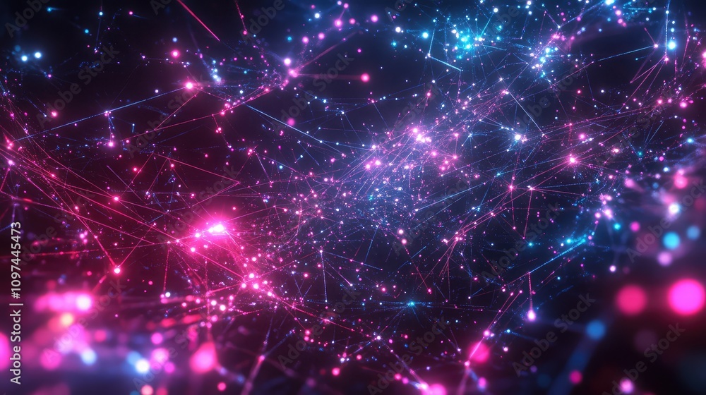 Poster stylized, abstract data network of lines and nodes, with bright neon points illuminating key data in