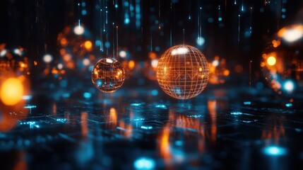 Futuristic Abstract Background Glowing Orange and Blue Network Spheres with Data Streams