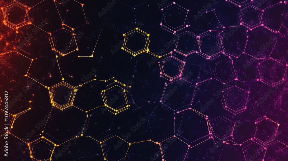 Poster stylized hexagon data grid with vibrant colors, showing interconnected data points over a dark, mini