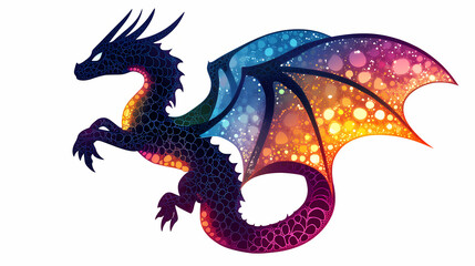 Vibrant, playful, isolated dragon silhouette with intricate scales and wings, set against a crisp, clean, pure white background. Shimmering Dragon Scales. Illustration