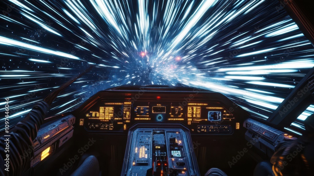 Poster futuristic spaceship cockpit in hyperspace 3d render of high-speed space travel with glowing lights 