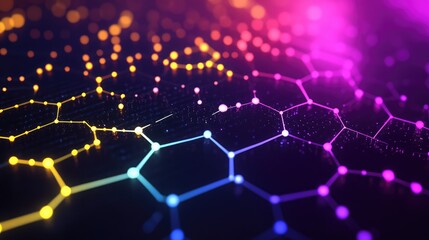 Fototapeta premium Stylized hexagon data grid with vibrant colors, showing interconnected data points over a dark, minimalist background