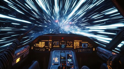 Futuristic Spaceship Cockpit in Hyperspace 3D Render of High-Speed Space Travel with Glowing Lights and Detailed Controls