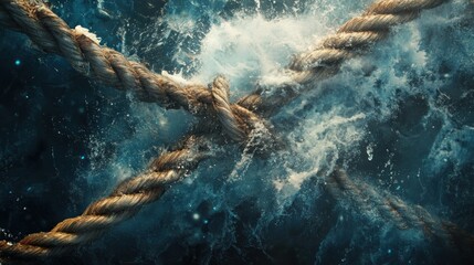 A dramatic image of intertwined ropes submerged in turbulent water.