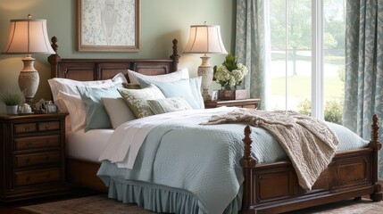 Serene Master Bedroom with Light Blue Bedding and Wooden Furniture