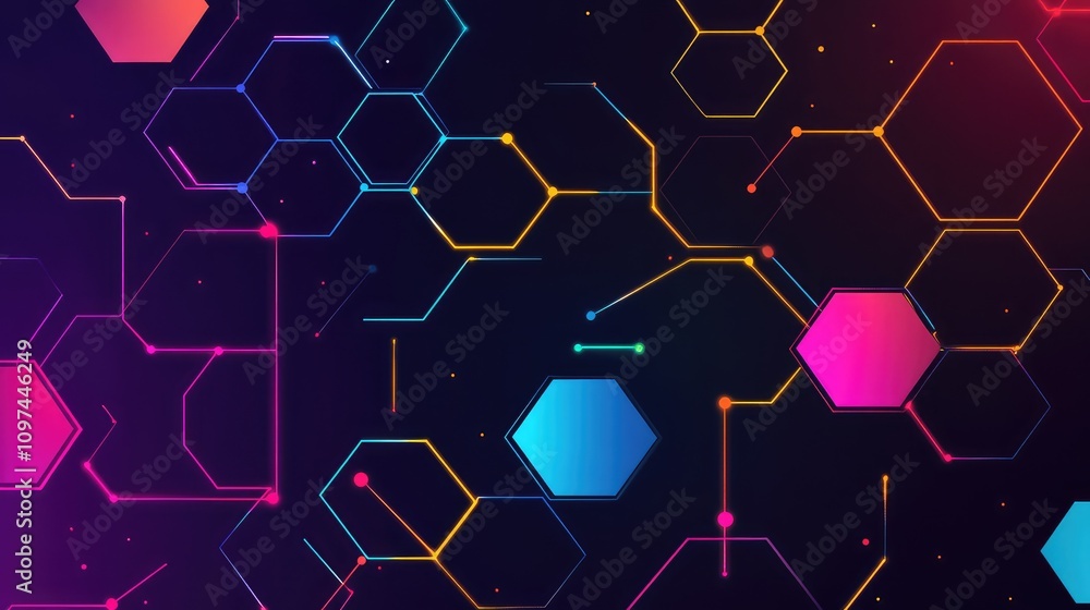 Poster stylized hexagon data grid with vibrant colors, showing interconnected data points over a dark, mini
