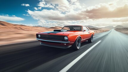 Fototapeta premium Classic muscle car speeding down a desert highway, powerful engine, classic design, American muscle
