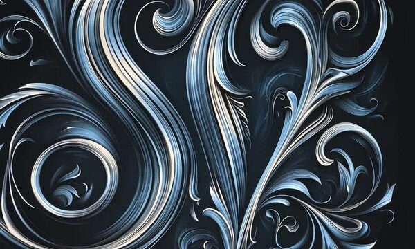 Elegant swirling silver floral design on dark background.