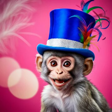 Playful monkey in blue top hat against pink background. Creativity, fun, and curiosity concept